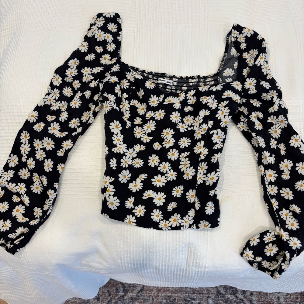 Reformation Black and White Smocked Blouse